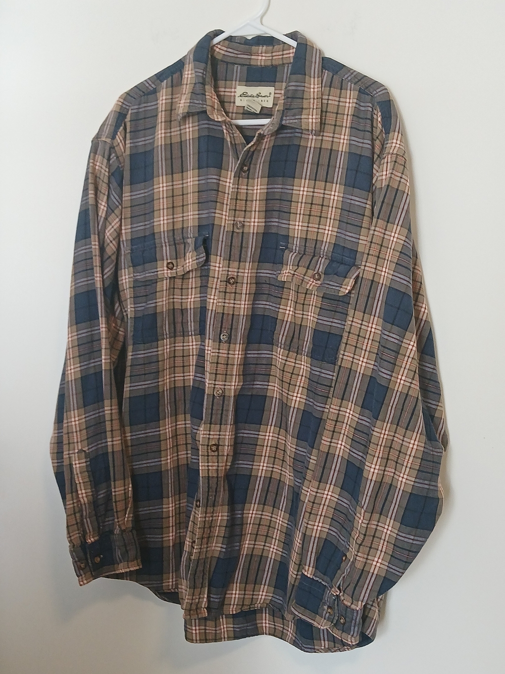 Eddie Bauer Men’s Blue and Tan Plaid Flannel Button-Up Shirt